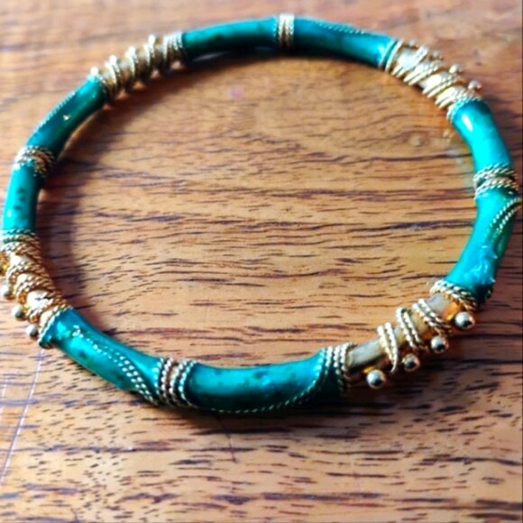Turquoise and Emerald Enamel With Gold Bangle Bracelet - Picture 3 of 3